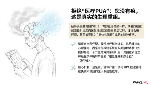 被医生忽视的PAWS戒断症状：脑电击感、苯二氮䓬腹胀与铅样乏力 | PAWS ML AI System