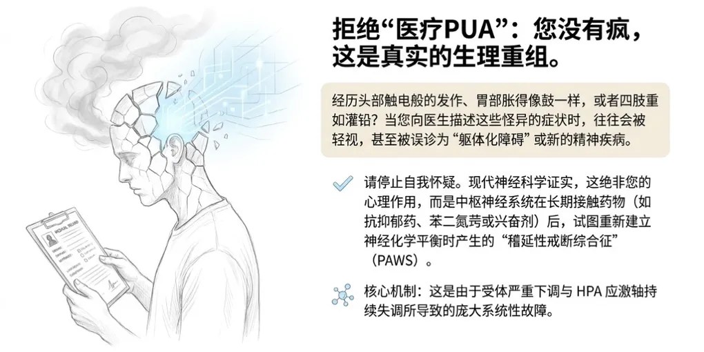 被医生忽视的PAWS戒断症状:脑电击感、苯二氮䓬腹胀与铅样乏力 - PAWS ML AI System