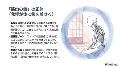 「体が木のように硬い」現象:なぜ「筋肉の鎧」を感じるのか、そして神経系がどのようにあなたを人質にしているのか | PAWS ML AI System